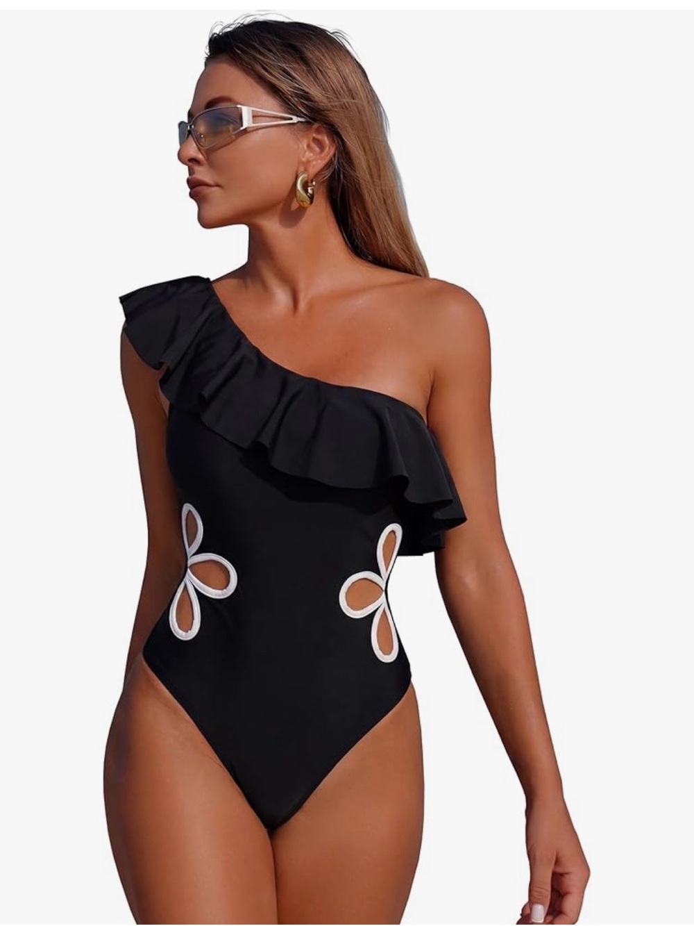 One-Shoulder Black Ruffle Floral Cutout Swimsuit